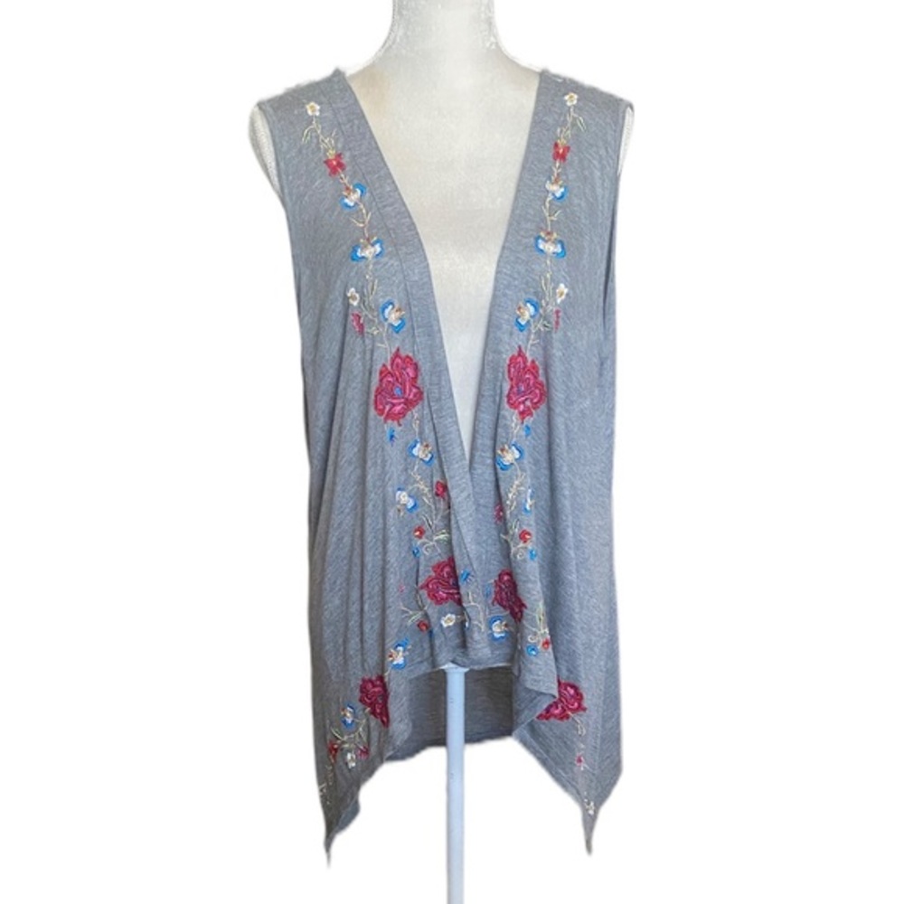 Life Style Grey Floral‎ Embroidered T-shirt Vest sz M